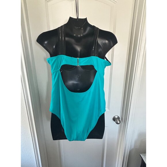 Crisscross Halter Teal One-Piece Swimsuit With Black Stripes & Back Clasp Closur - Picture 6 of 12